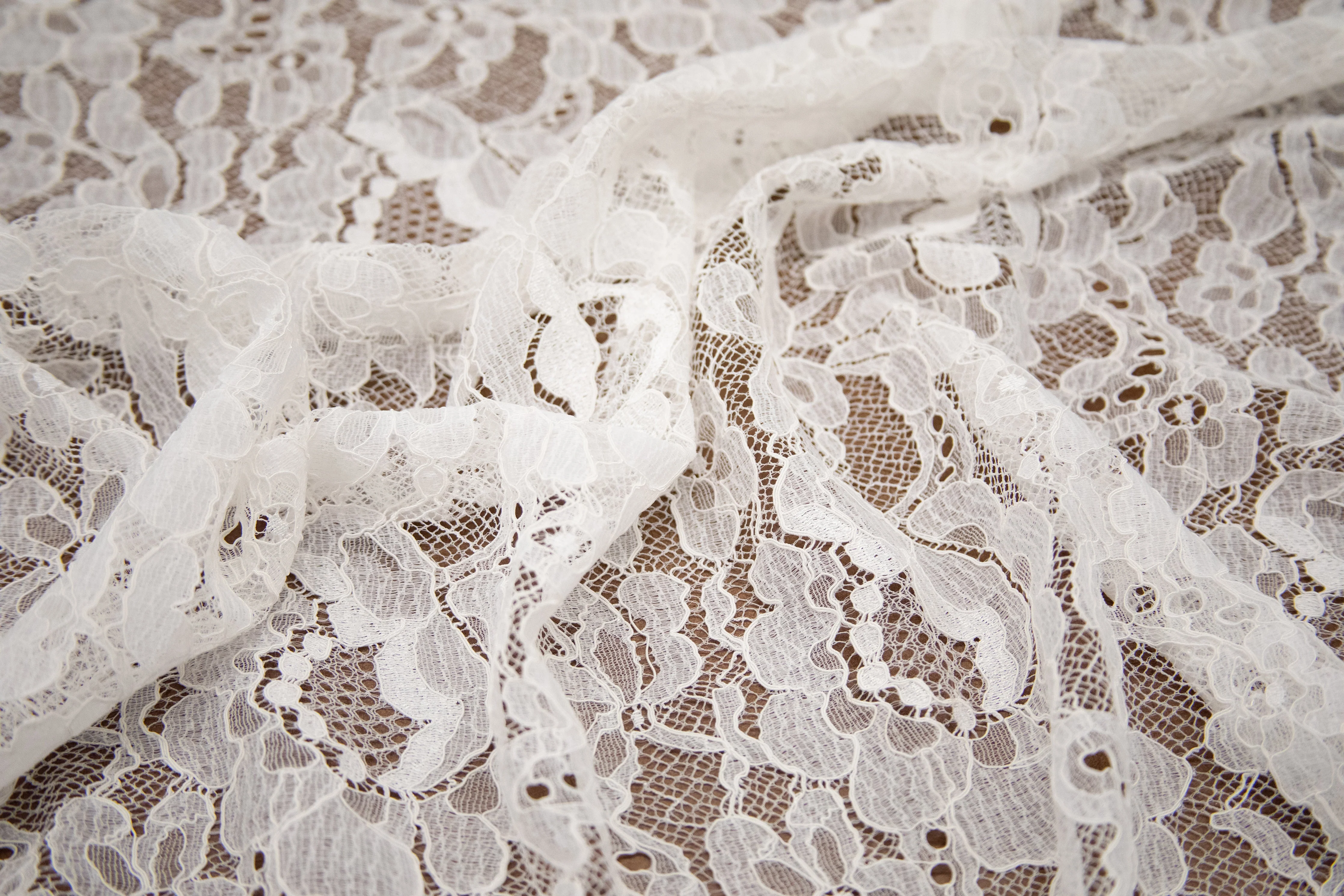 Floral Stretch Lace in Off-White, Made in France - Image 3